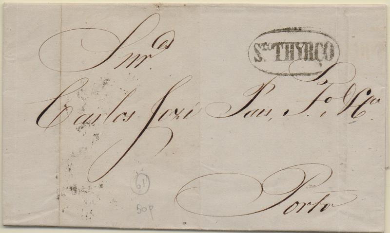 1822 f.jpg -     Lote:    1822 (frente)                   Descrição:         Carimbos nominativos. 1856/58 &mdash; D. Pedro V. Cabelos anelados. CE13, 25 reis carmim em carta circulada de Santo Tirso para o Porto (15.01.62). Carimbos batidos a preto "S.TO THYRSO" e numérico da 1.ª reforma tipo 20 barras "74". Selo cortado.        Carta       Valor Base:     &euro; 12,00     Valor Venda:     &euro;      